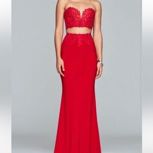Faviana Red Lace Two-Piece Prom Dress
